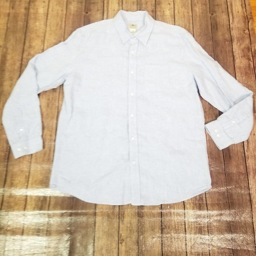 L.L. Bean Mens Shirt Blue L Large Linen Slightly Fitted Button Down Long Sleeve
